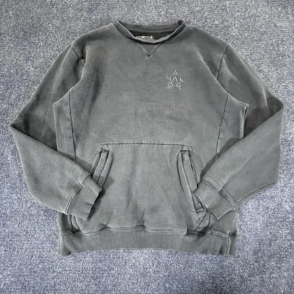 Analog Sweater‎ Mens Small Black Crewneck Pullover Distressed Washed Fleece Logo